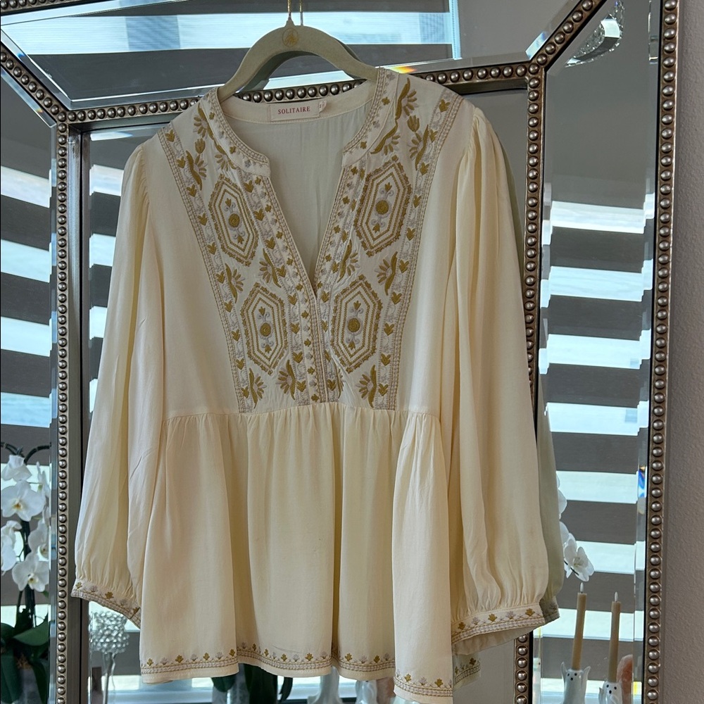 Anthropologie Ivory Blouse with Mustard Embroidery